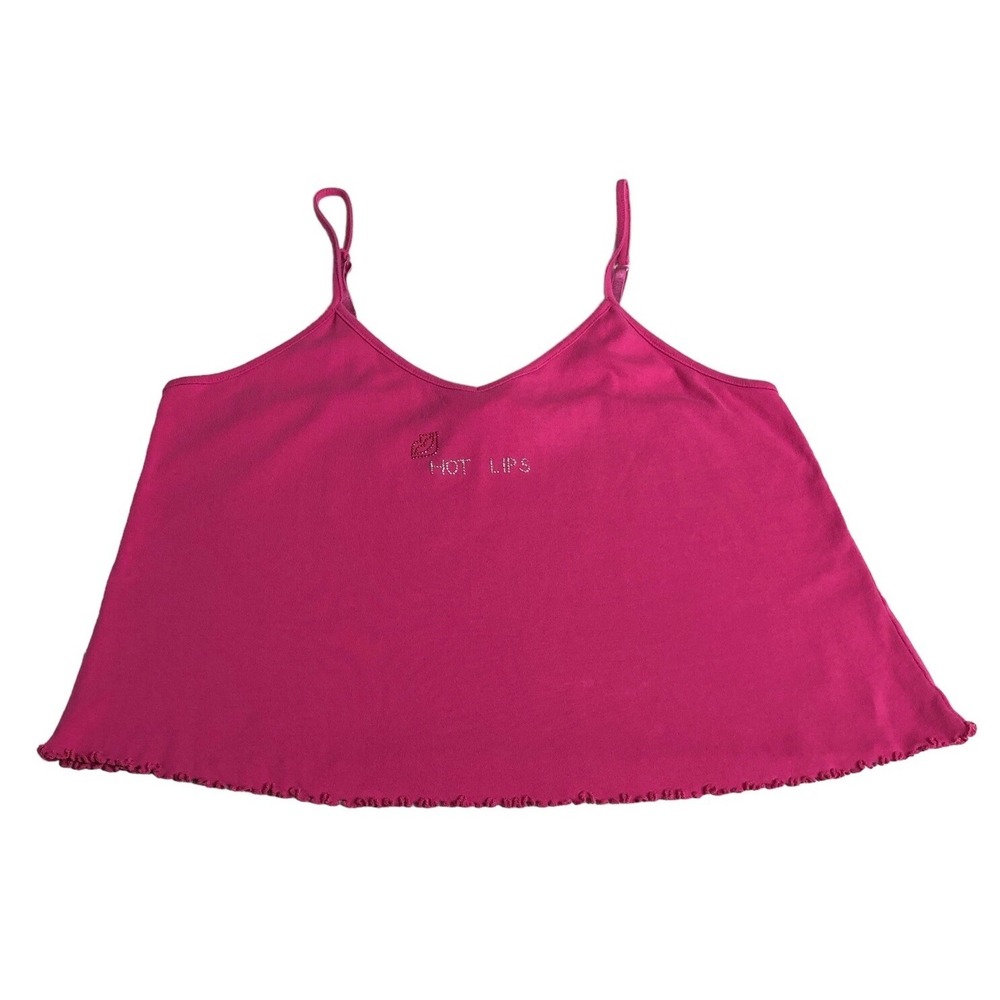 Vintage Y2K 90s Realwear Crop Cami Tank Top Women 18 20 Pink Hot Lips Rhinestone